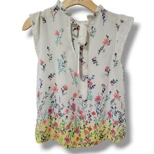 Cresent & Willough Floral Cap Sleeve Tie Neck Blouse Size Small